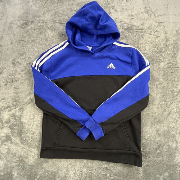 Adidas Hoodie Sweatshirt Youth XL Color block Black Blue Embroidered - Picture 1 of 8